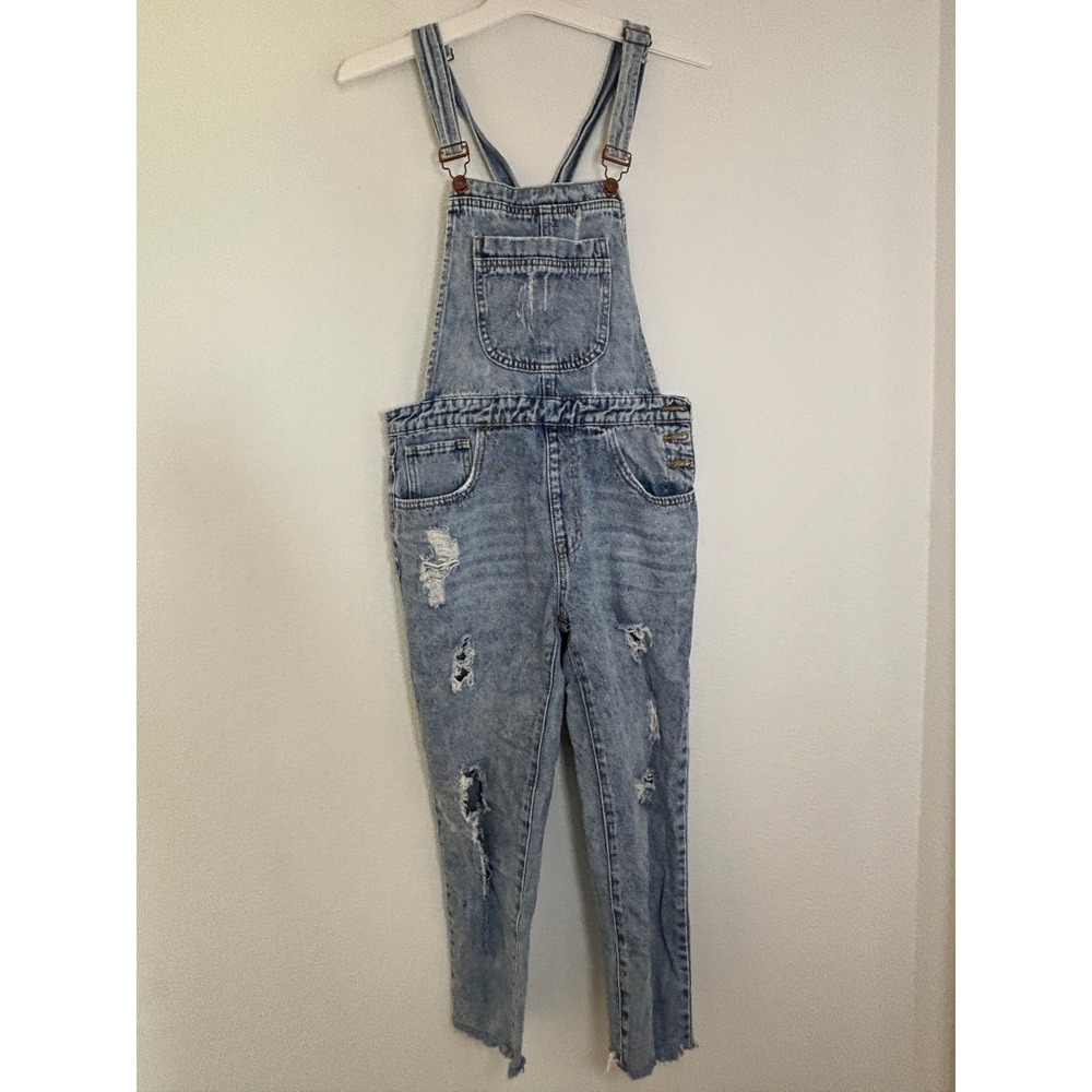 Forever 21 Distressed Denim Overalls Light Wash Acid Slim Leg Size 27